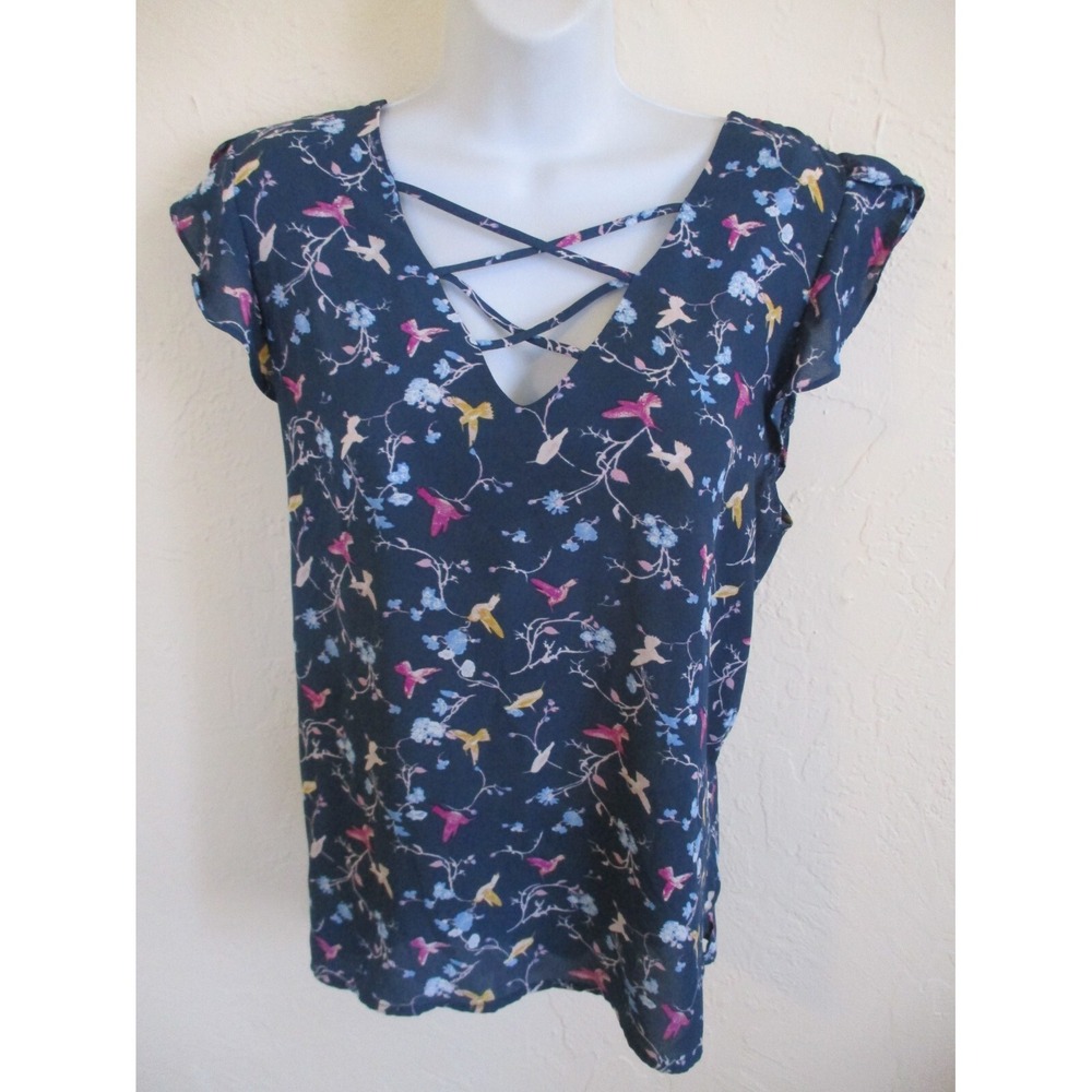 Crescent & Willough Ruffled Cap Sleeve Top Size XL Birds & Flowers